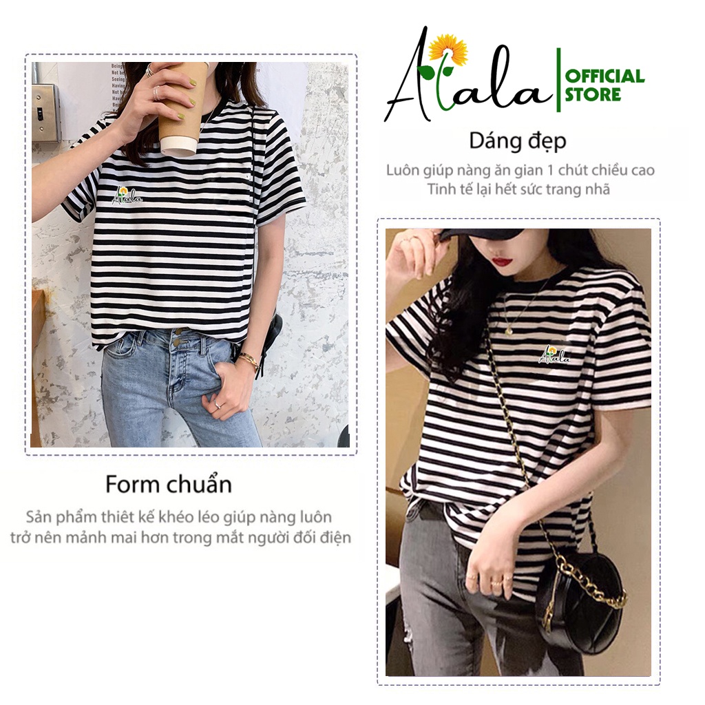Áo thun tay ngắn cổ tròn họa tiết kẻ sọc phom rộng kiểu Hàn năng động dành cho nữ 2022 ALALA