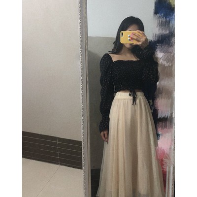 Chân váy voan lụa vintage dáng dài nhấp nháy cổ tích công chúa