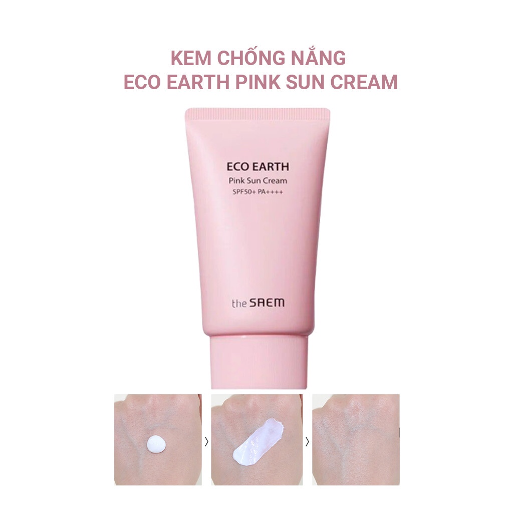 Kem chống nắng the Saem màu hồng dưỡng ẩm trắng da nâng mỏng nhẹ The Saem Eco Earth Pink Sun Cream Ex SPF50+ 50g