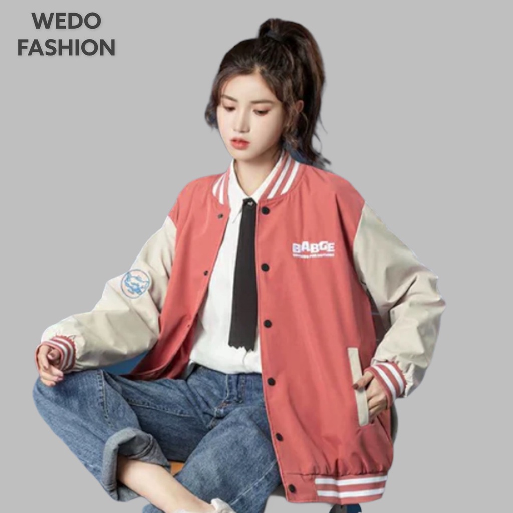 Áo khoác Bomber nữ BABGE, vải dù mero hai lớp cao cấp, logo thêu kèm nút bấm phối màu cá tính WEDO