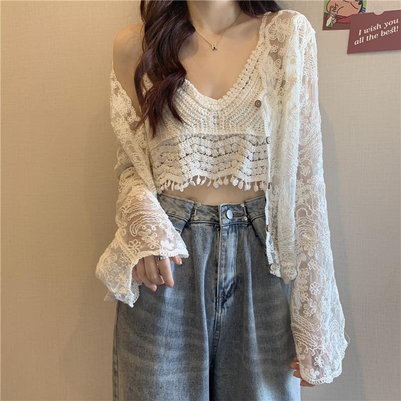 Bộ Áo Khoác Cardigan Cổ Chữ V + Áo Hai Dây Phối Ren Phong Cách Phương Tây Thời Trang 2022