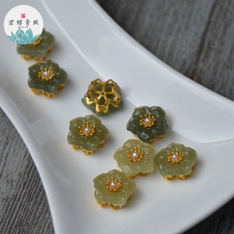 Mặt Dây Chuyền Bằng Bạc S925 Hình Hoa Đá Hetian Tự Nhiên Dát Vàng Năm Cánh