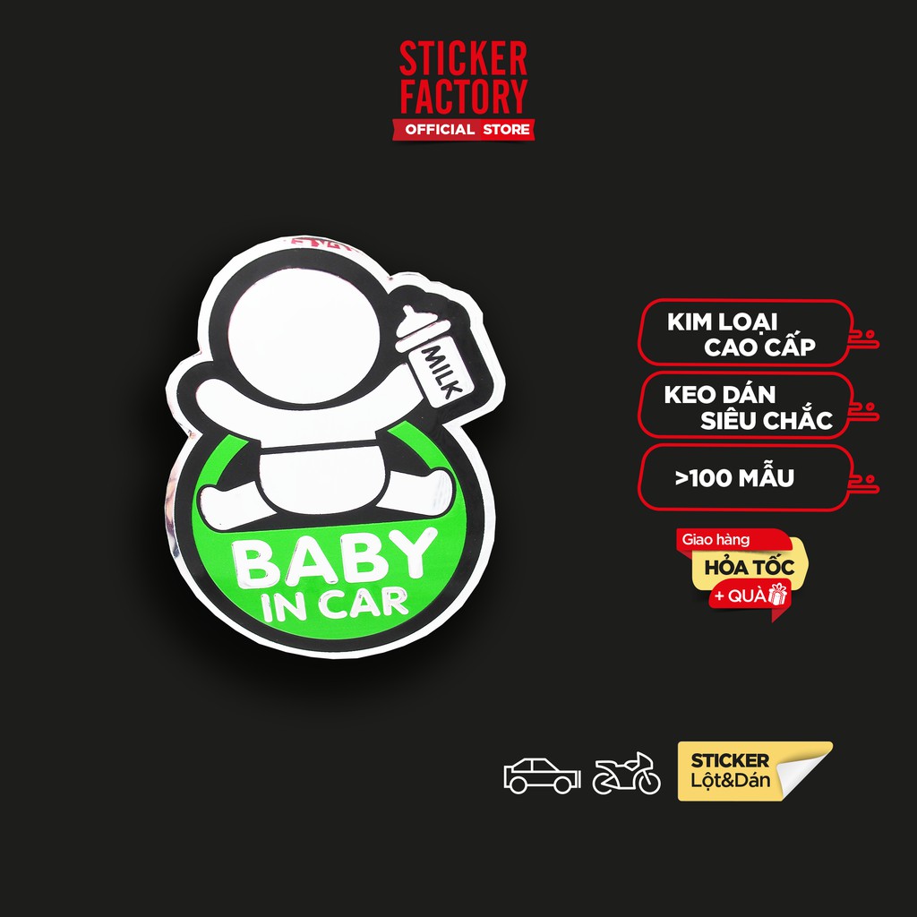 Sticker hình dán metal Baby in car Màu xanh lá - STICKER FACTORY