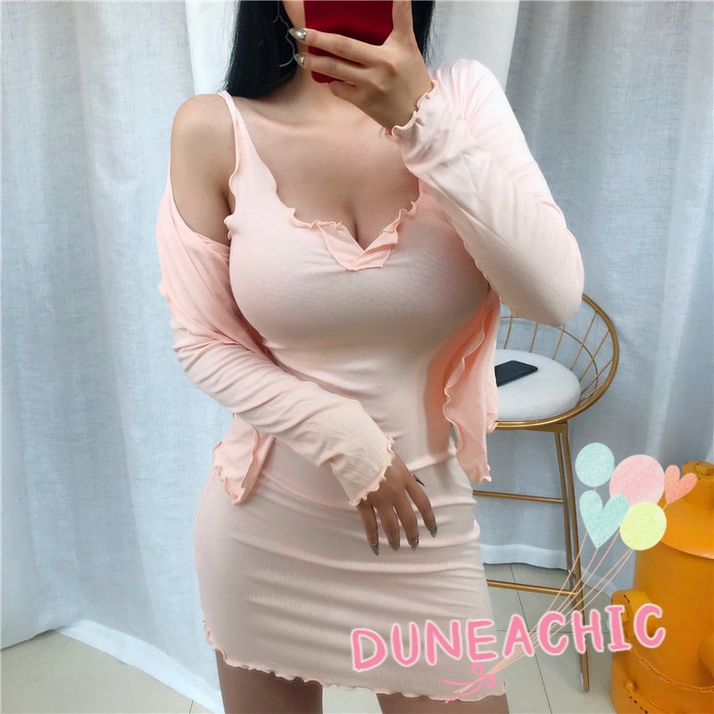 DUNEA Set Đầm Hai Dây Phối Áo Khoác Cardigan Mỏng Thời Trang Thanh Lịch Quyến Rũ Cho Nữ