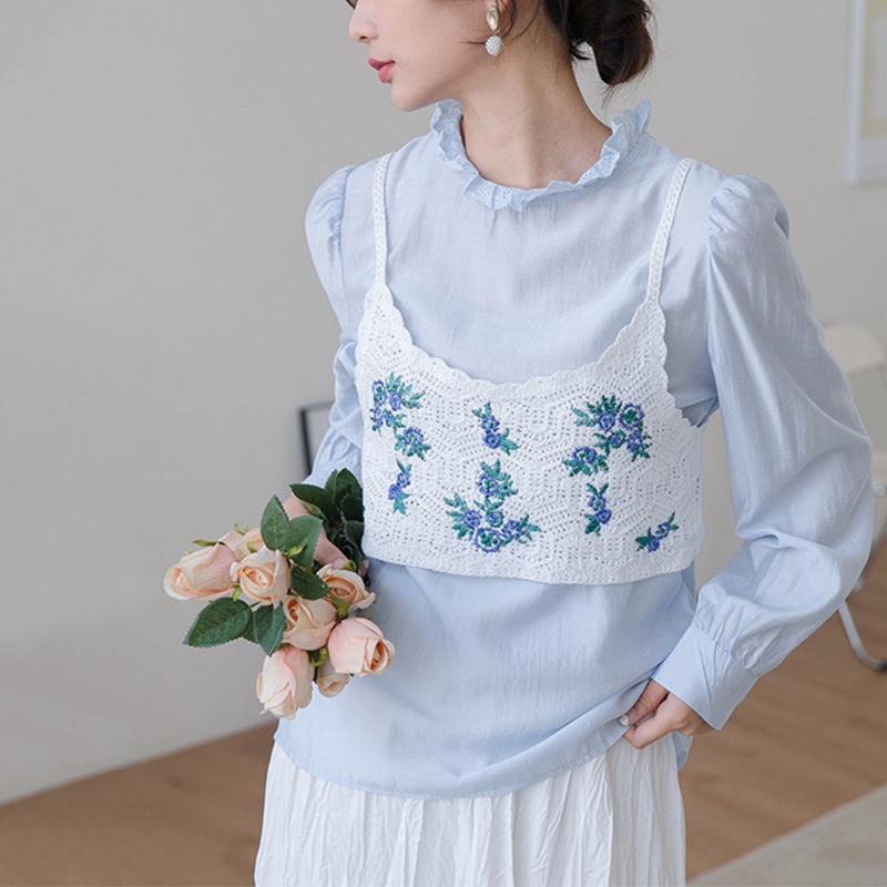 Áo Croptop Dệt Kim Không Tay Thêu Hoa Xinh Xắn Thời Trang Đi Biển Cho Bạn Gái