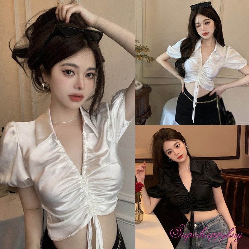 Áo Sơ Mi Tay Phồng Ngắn Cổ Bẻ Phối Dây Rút Thời Trang Cho Nữ