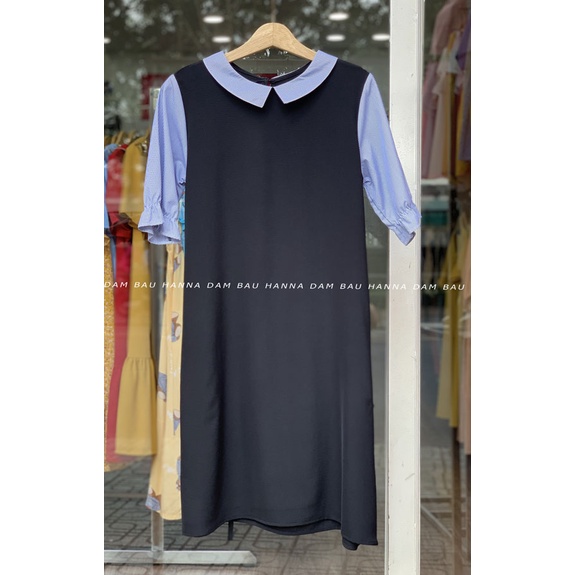 [SIZE 40-80KG] Đầm bầu công sở màu xanh đen phối sọc lịch sự vải mát không nhăn có 2 túi bên sườn dáng suông mặc gọn