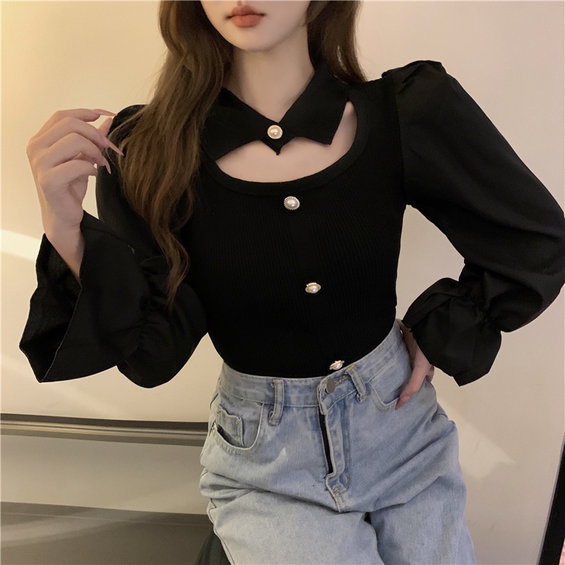 Áo ZHELIHANGFEI dệt kim tay dài phồng cổ polo khoét rỗng phong cách sang trọng hợp thời trang