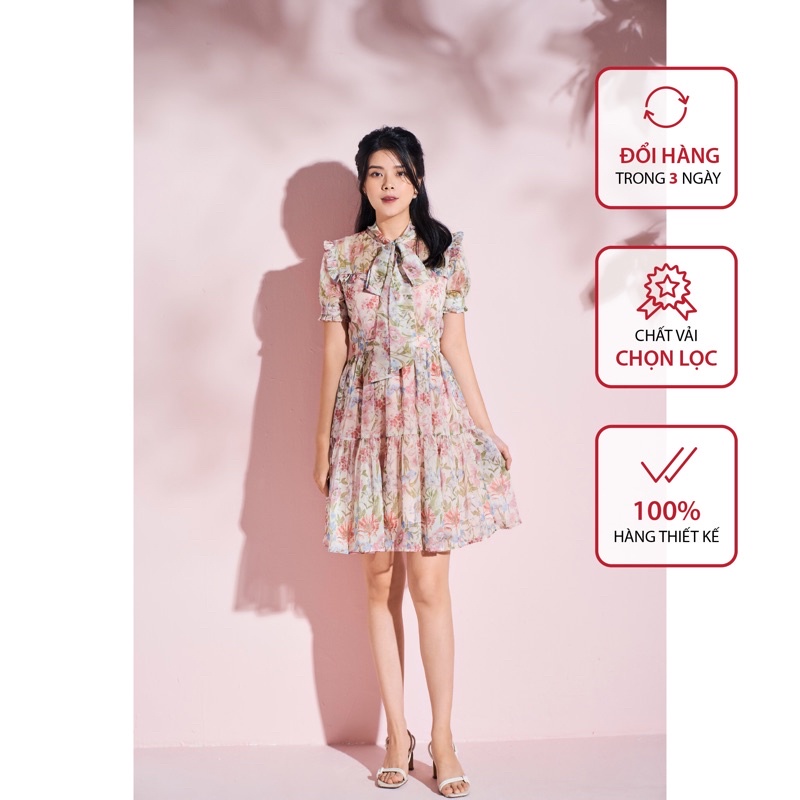 HACUC - Đầm nữ đuôi xoè tay bồng buộc nơ cổ