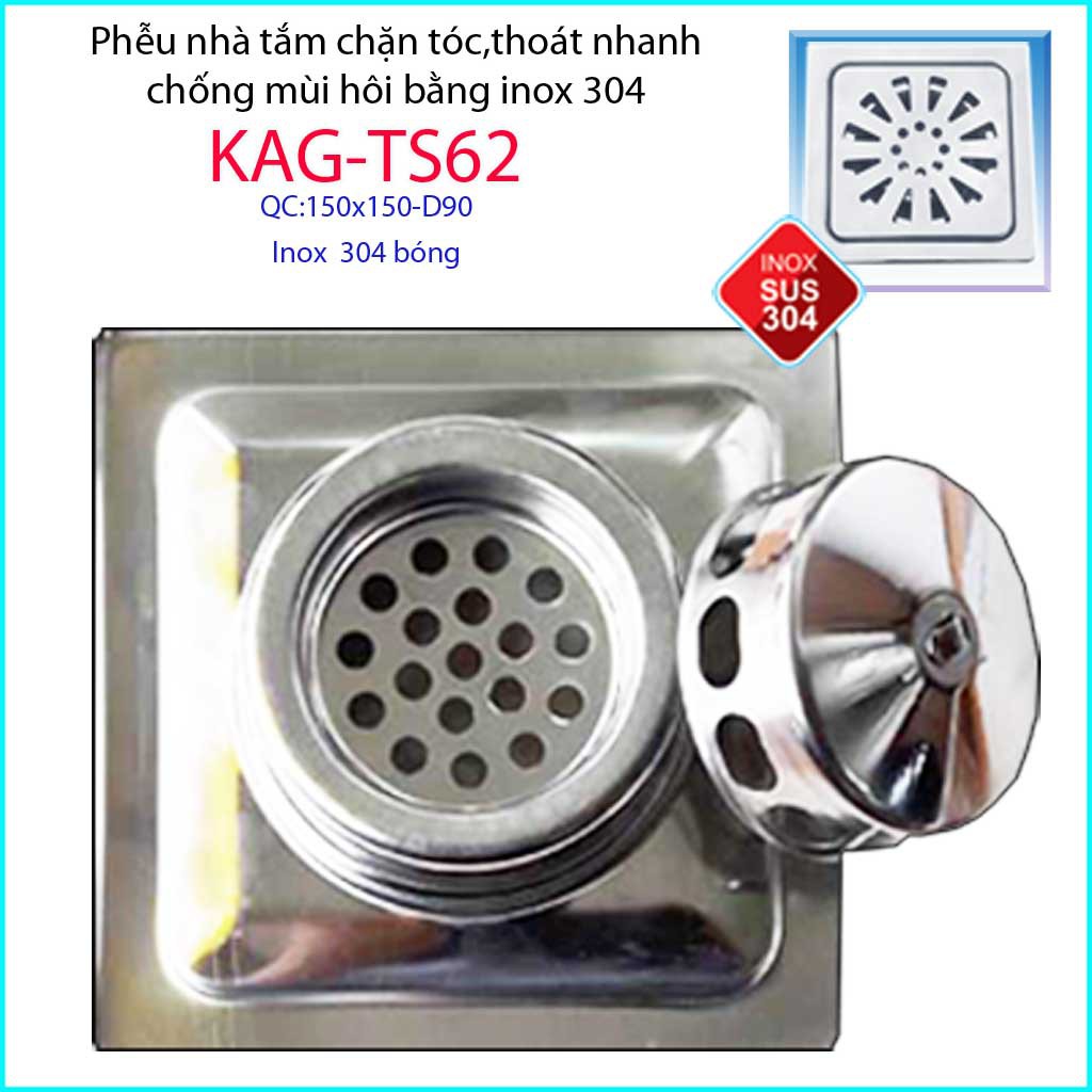 Phễu thoát sàn 15x15cm KAG-TS62 (D9cm) chống mùi hôi inox 304, hố ga thoát sàn 15x15cm cho ống D90mm mặt hoa cúc