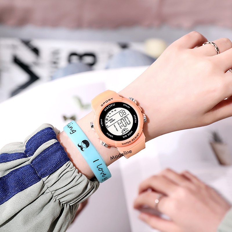 Đồng hồ điện tử nữ Aiqiuno HK01 full chức năng, thể thao cá tính, mặt tròn cực đẹp, kiểu dáng Hàn Quốc