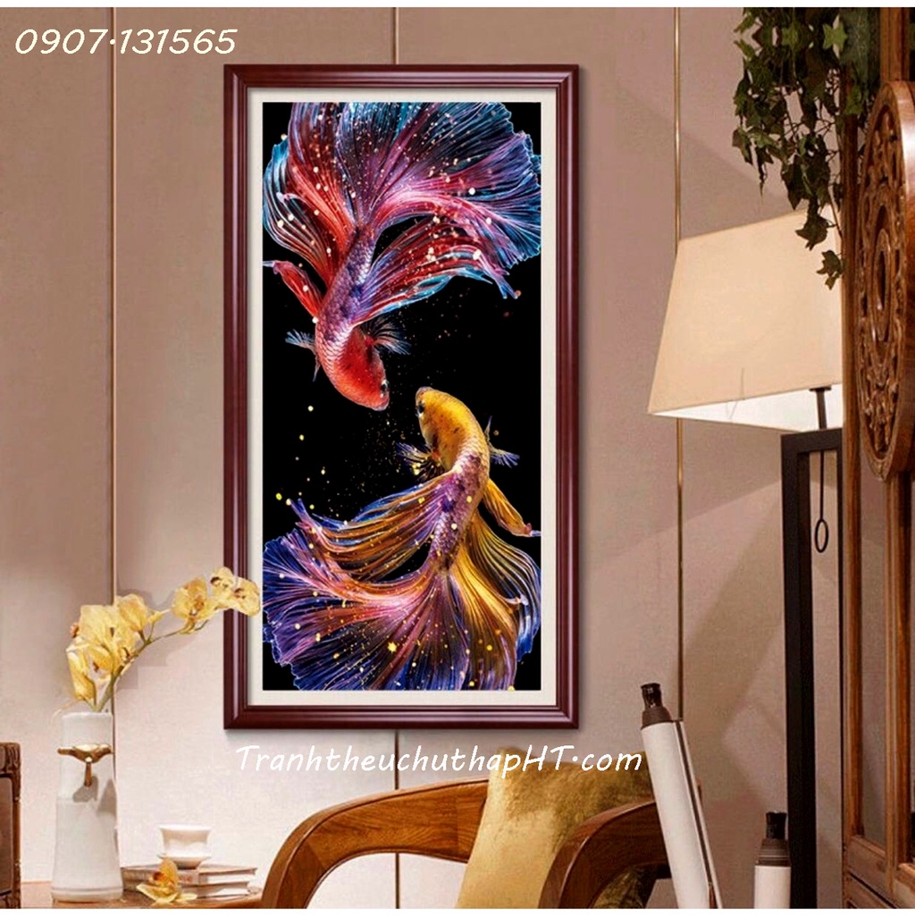 Tranh đính đá cá chép - lý ngư vọng nguyệt 98*89cm - tự đính