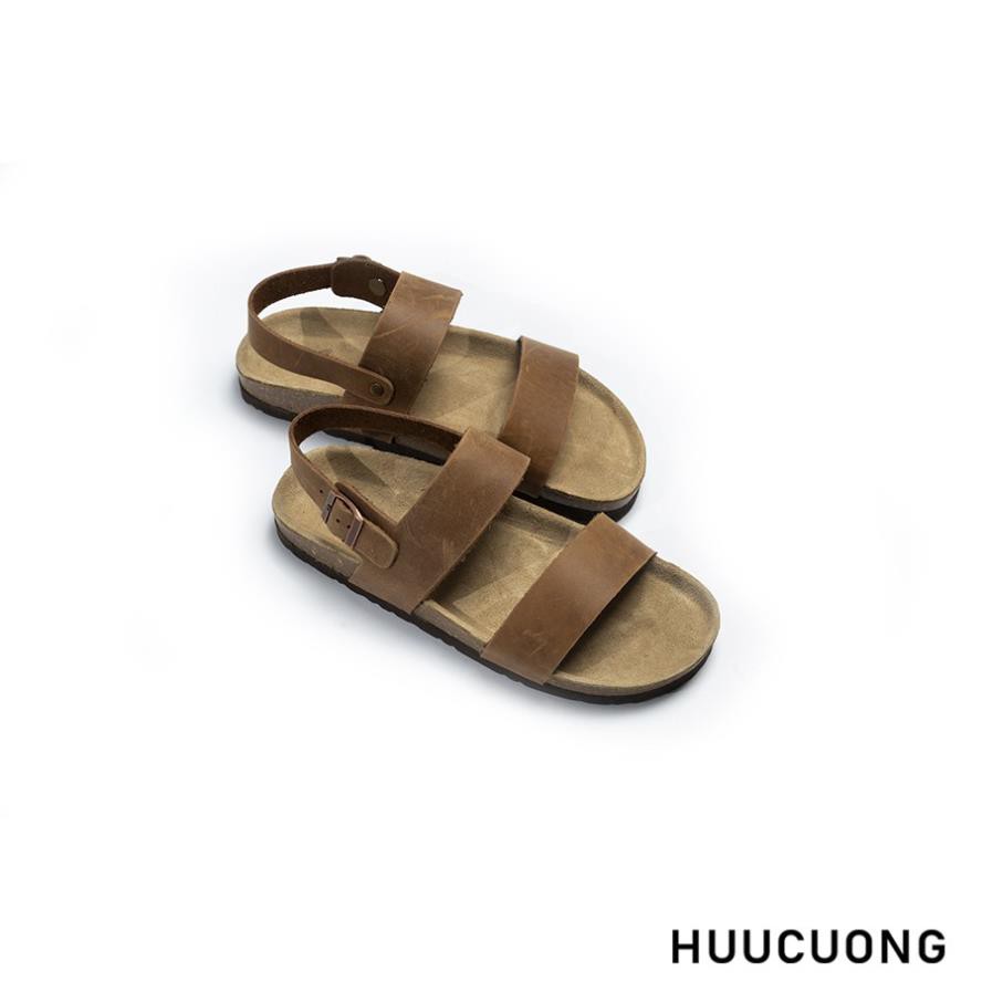 Giày unisex Quai Ngang 2 Quai HUUCUONG Quai Da Thật Màu Nâu Đế Trấu