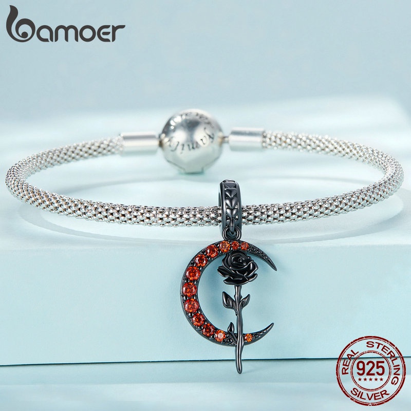 BAMOER Bộ Hạt Xâu Chuỗi Bạc 925 Hình Mặt Trăng Và Hoa Hồng Treo Trang Sức Dịp Halloween