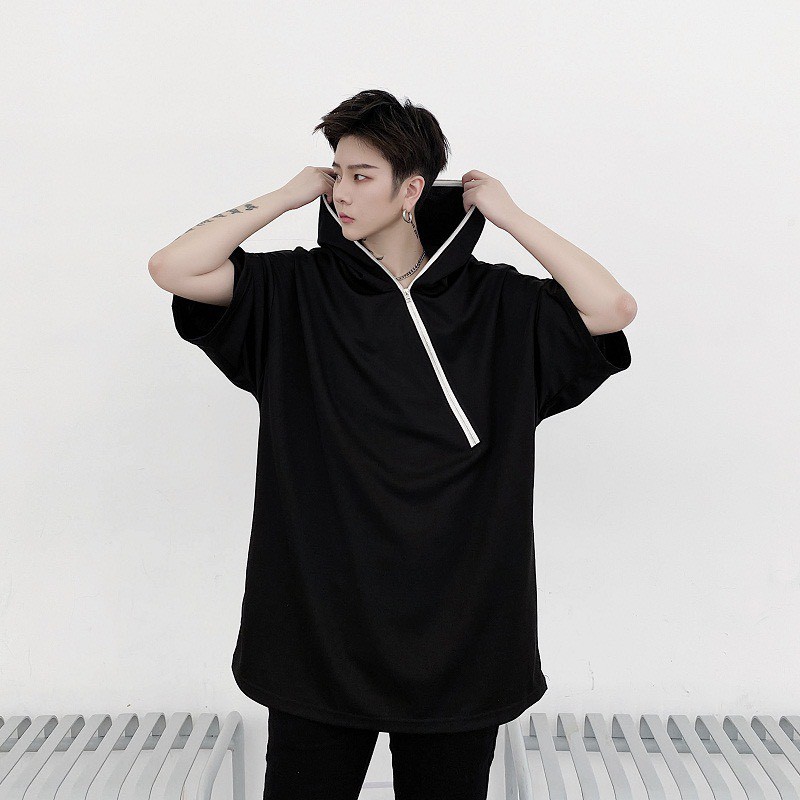 Áo thun tay lỡ unisex form rộng overtee zip chéo phong cách Hàn Quốc