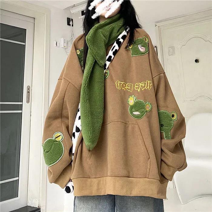 Áo sweater vải nhung dày dặn cổ tròn dáng rộng in hình chú ếch phong cách cổ điển Hàn Quốc mới cho nữ