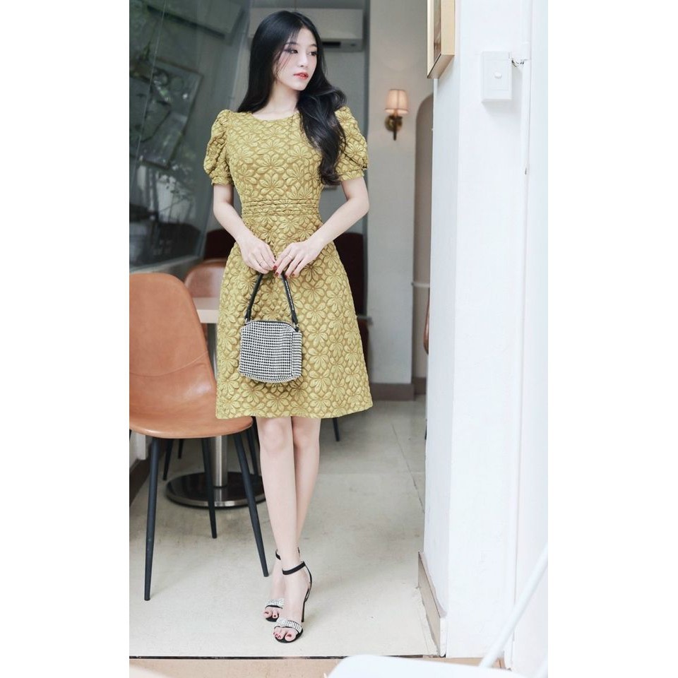 HÀNG TK - HÀNG THIẾT KẾ - ĐẦM XÒE GẤM HOA TAY BỒNG MÀU VÀNG CHANH SIÊU XINH - MD255
