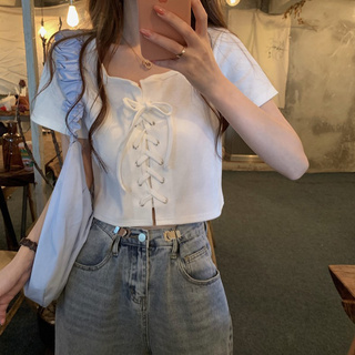 Áo Croptop Tay Ngắn Cổ Vuông Phong Cách Retro Thời Trang Cho Nữ