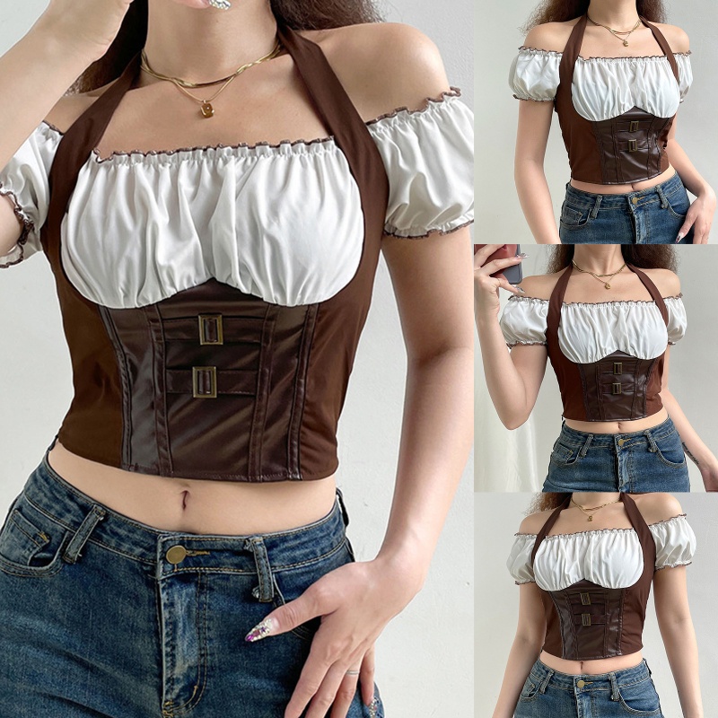 Áo Croptop 2 Mảnh Tay Ngắn Cổ Vuông Phong Cách Cổ Điển Thời Trang Quyến Rũ Cho Nữ