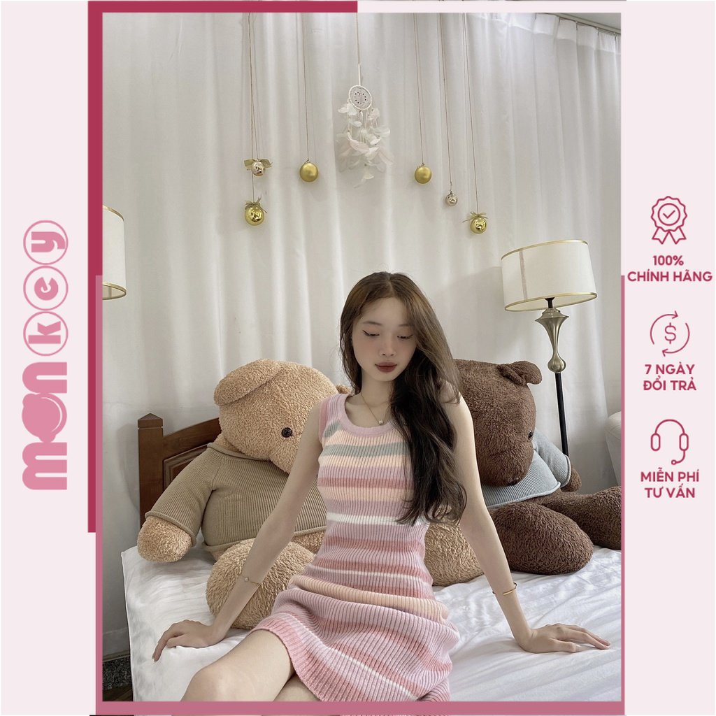 Váy body len sát lách cổ tròn kẻ sọc sexy Monkeyshop