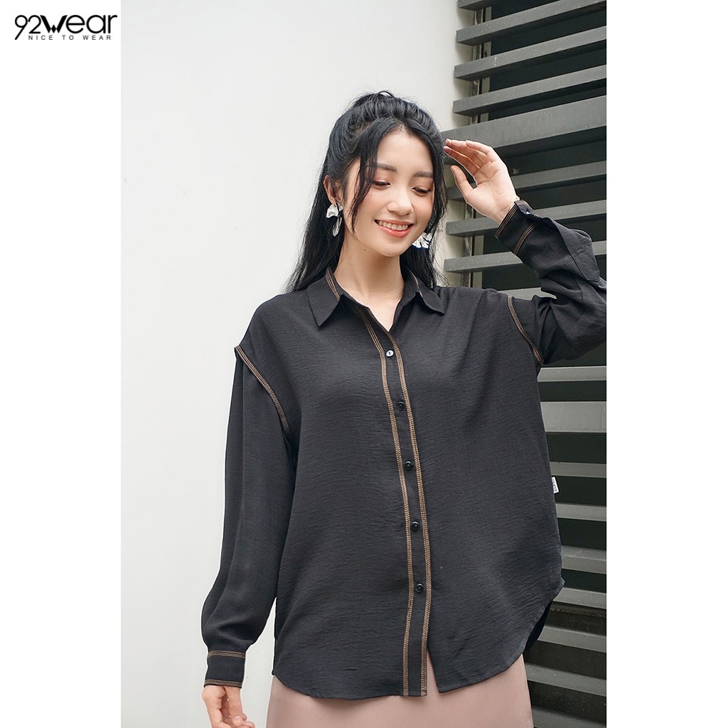 Áo sơ mi voan nữ công sở 92WEAR 2 MÀU, đủ size, form rộng trần chỉ trang trí ASW1011