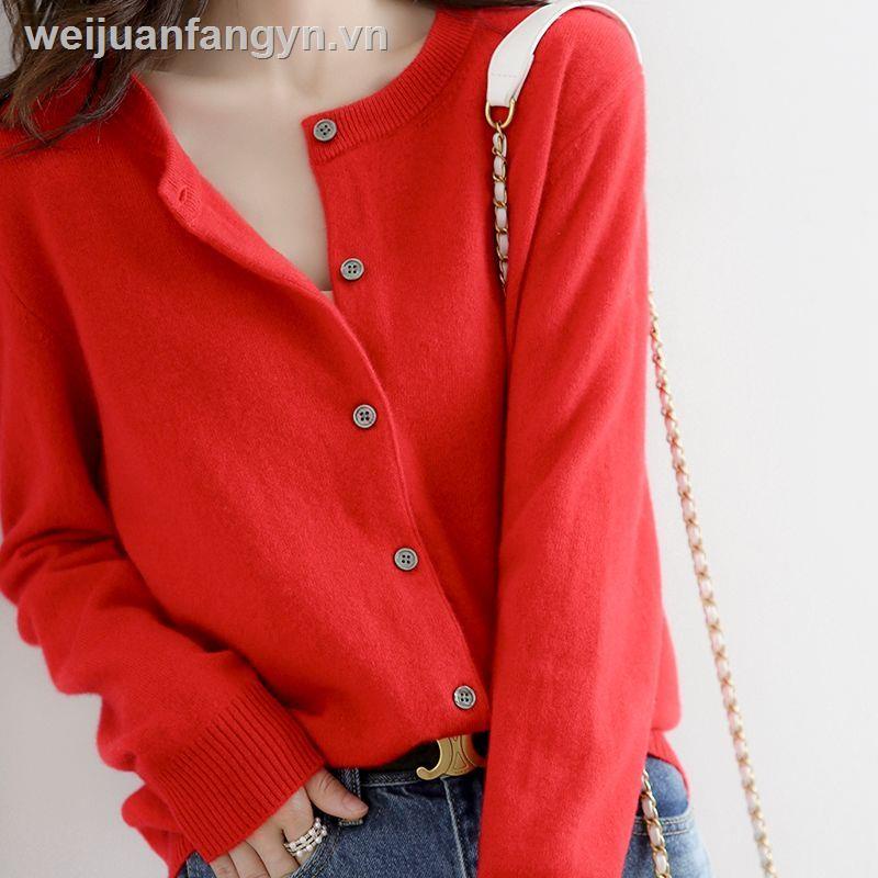 Áo Cardigan Dệt Kim Tay Dài Cổ Tròn Dáng Rộng Thoáng Khí Màu Trơn Thời Trang