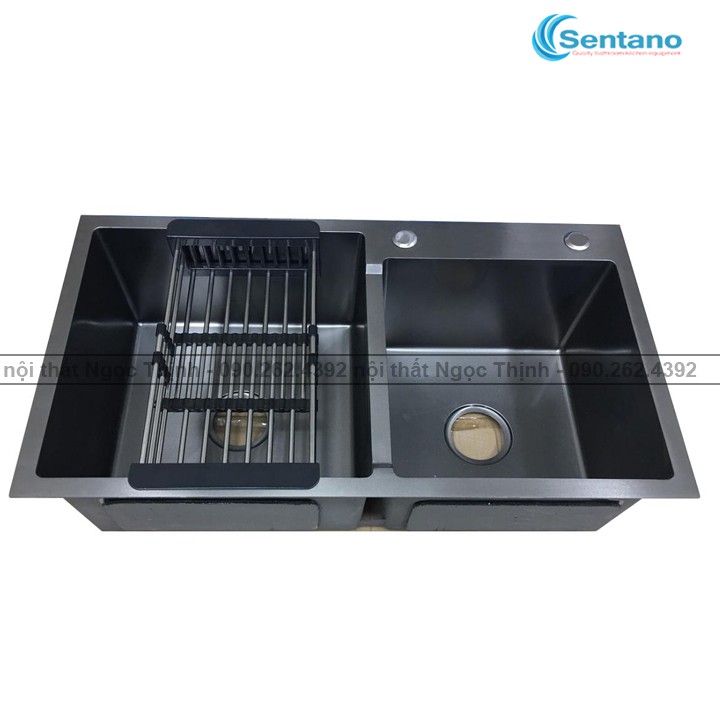 [HÀNG DÀY ĐẸP] COMBO Chậu rửa chén SENTANO 2 ngăn LỆCH 82x45cm phủ nano đen chống trầy