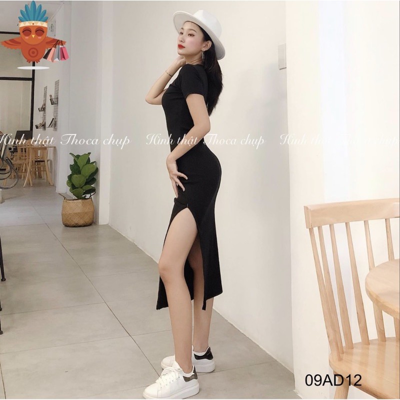 Đầm ôm body xẻ tà tay ngắn chất thun gân siêu co giãn D15
