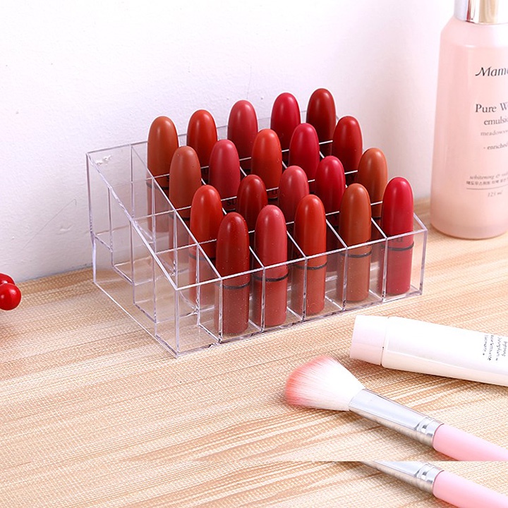 Khay đựng son đồ trang điểm mỹ phẩm 24 ô chất liệu nhựa mica trong suốt để bàn Dimino