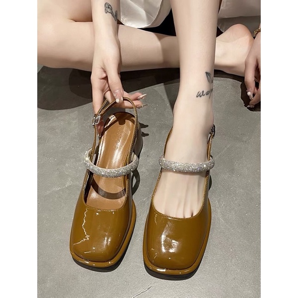 [ Hoả Tốc ] Giày Cao Gót Mũi Tròn, Giày Mary Jane, Gót Cao 5cm, Quai Hậu, Hở Gót, Đính Xoàn Hot Trend KYAN00122