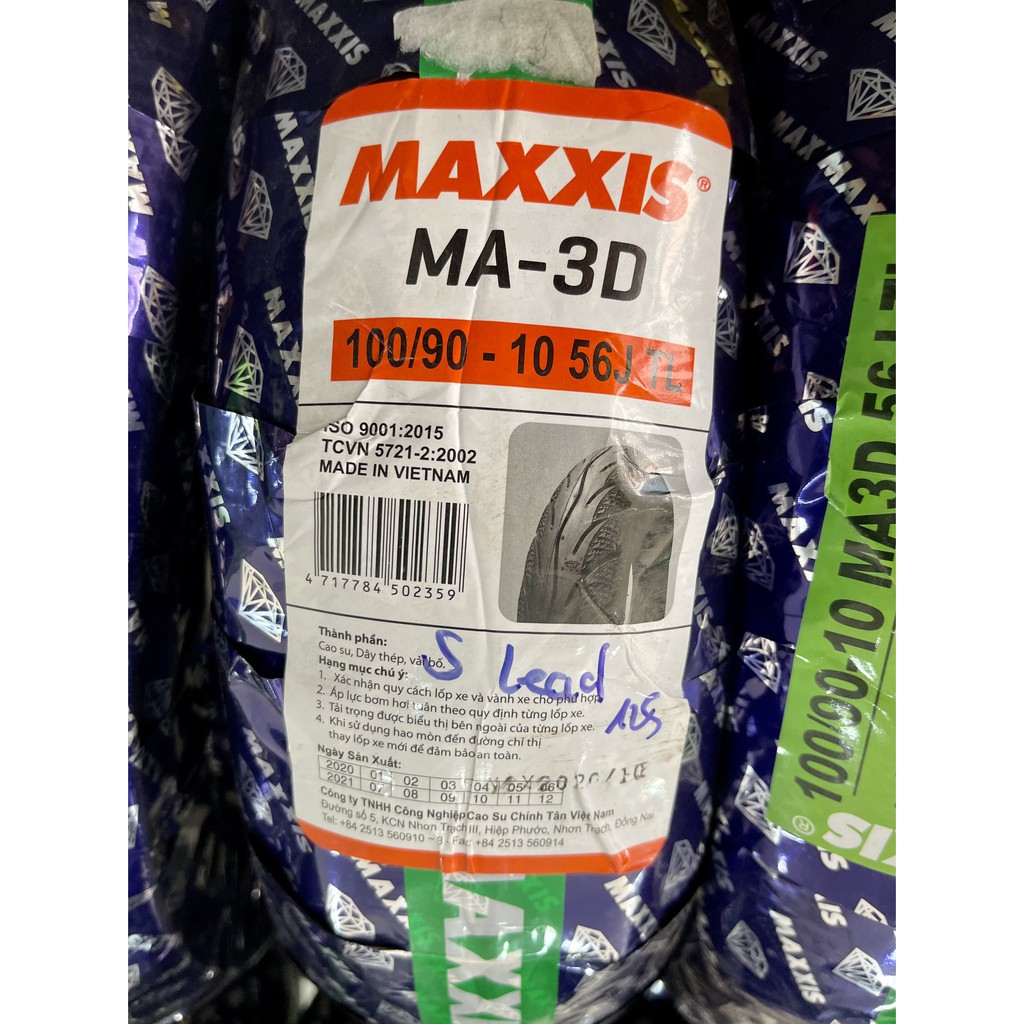 Lốp xe máy Maxxis 100/90-10 56J TL xanh dành cho lốp sau của xe Lead 125