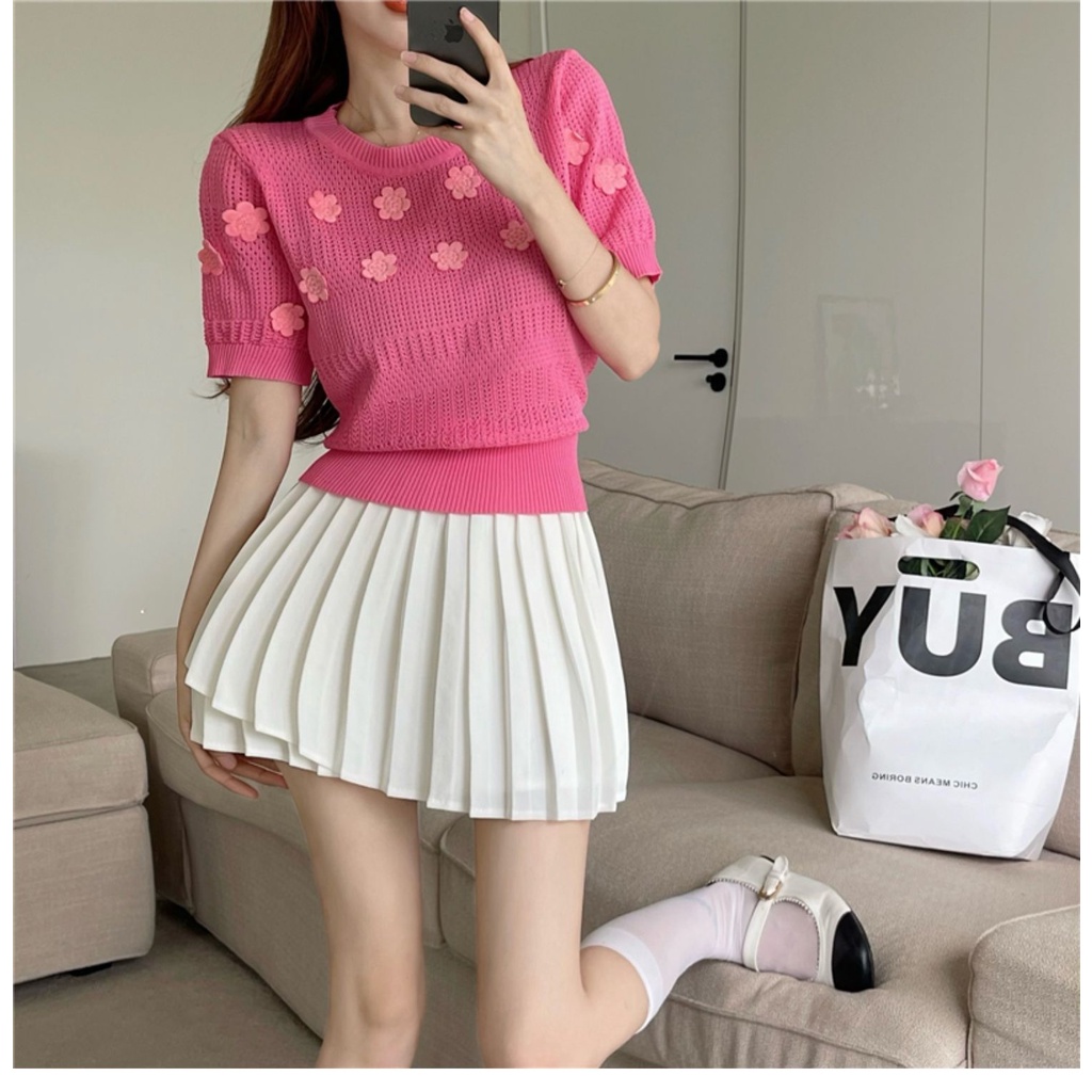 Áo thun ZHELIHANGFEI tay ngắn phồng họa tiết hoa dễ phối đồ thời trang cho nữ