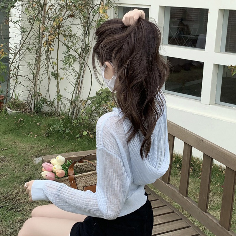 Áo Khoác Cardigan Dệt Kim Tay Dài Vải Lụa Mát Xuyên Thấu Thời Trang Cho Nữ