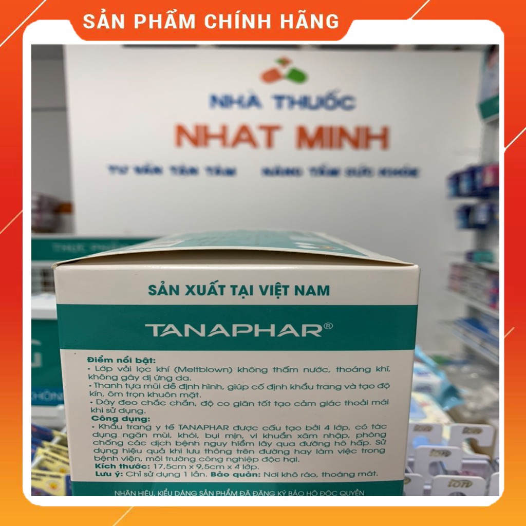 Khẩu Trang Y Tế TANAPHAR 4 Lớp Kháng Khuẩn Cao Cấp, Hộp 50 Chiếc Màu Xanh
