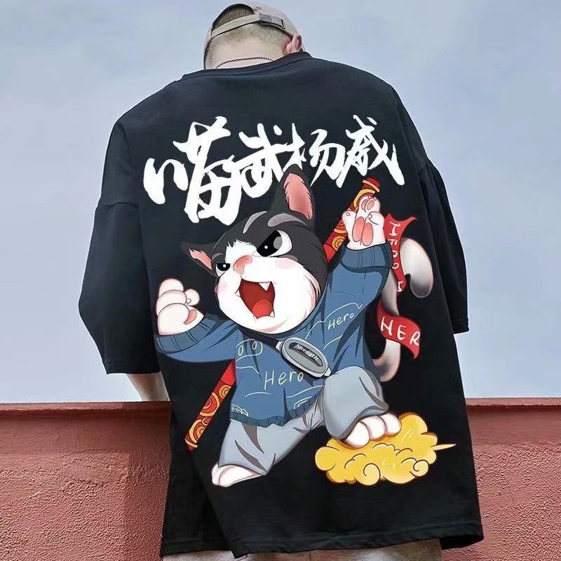 Áo thun tay ngắn cổ tròn dáng rộng in hình mèo Kung Fu cá tính size M-5XL cho nam nữ