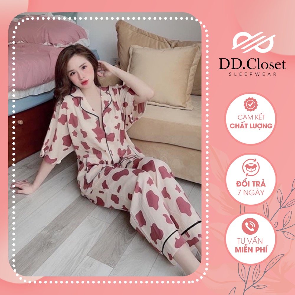 Bộ đồ ngủ pijama nữ cộc tay quần dài chất lụa Kate Thái mềm mịn màu da viền đen họa tiết bò sữa đáng yêu - CD0070