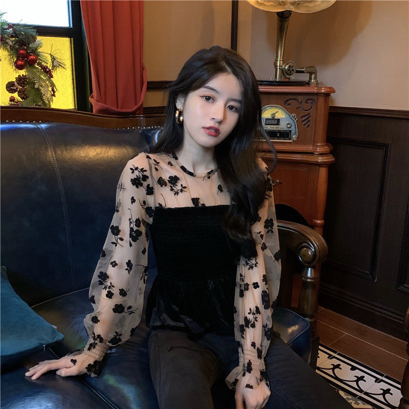 Áo kiểu ngắn phối nhung hoa dài tay gợi cảm cho nữ