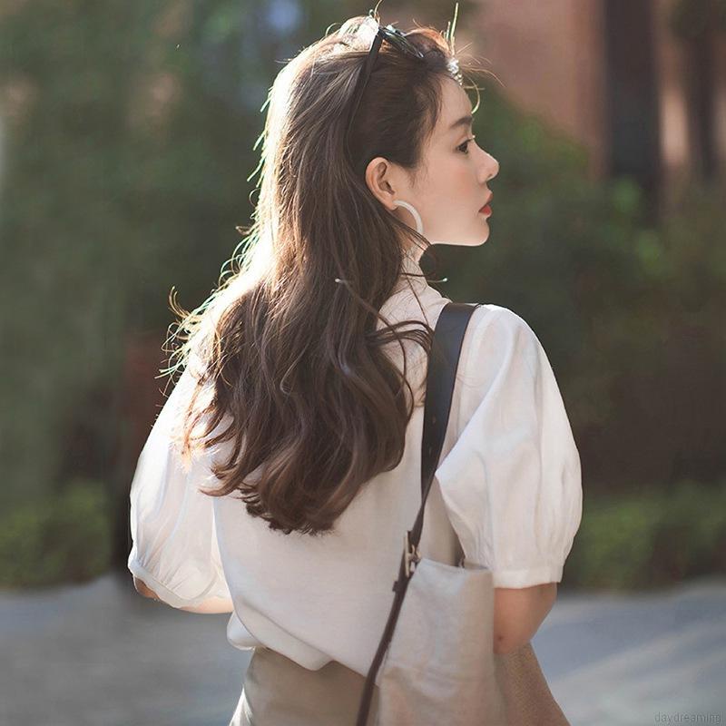 Áo Sơ Mi Tay Phồng Cổ Bẻ Màu Trơn Thời Trang Retro Cho Nữ