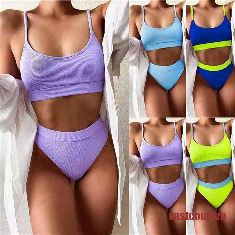 CONJI High Waist Bikinis Swimwear Ribbed Strap Bathing Suit Brazilian Bikin New