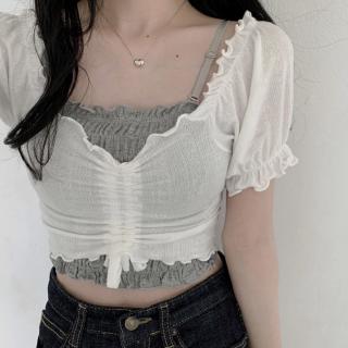 Set Áo Dây Rút + Áo Khoác Ren Lưới Màu Trắng Thời Trang Cho Nữ