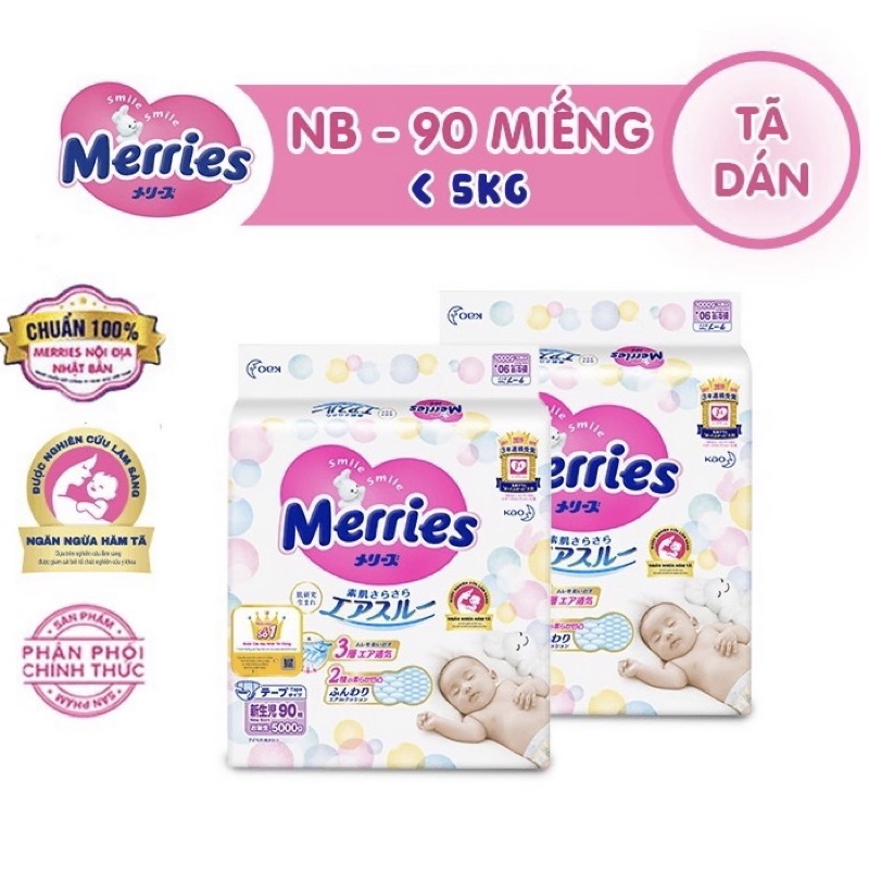 Combo 2 Tã/bỉm dán Merries size NB90/ S82/ M64/ L54/ XL44