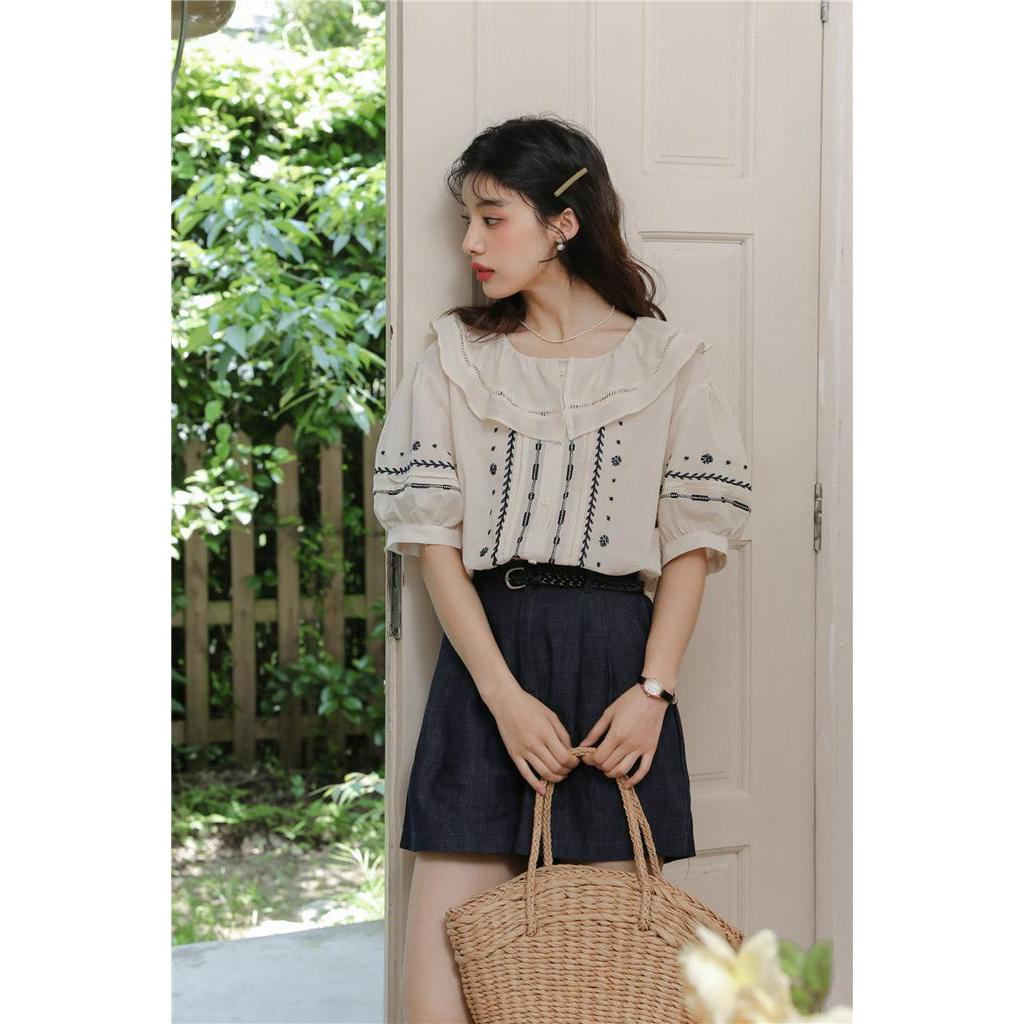 Áo Sơ Mi Ngắn Tay Họa Tiết Thêu Phong Cách Retro Mùa Hè Kiểu Mới 64213