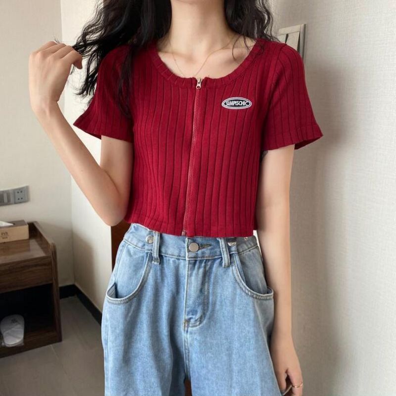 Áo crotop ngắn tay có khoá kéo phong cách hàn quốc trẻ trung cho mùa hè sành điệu