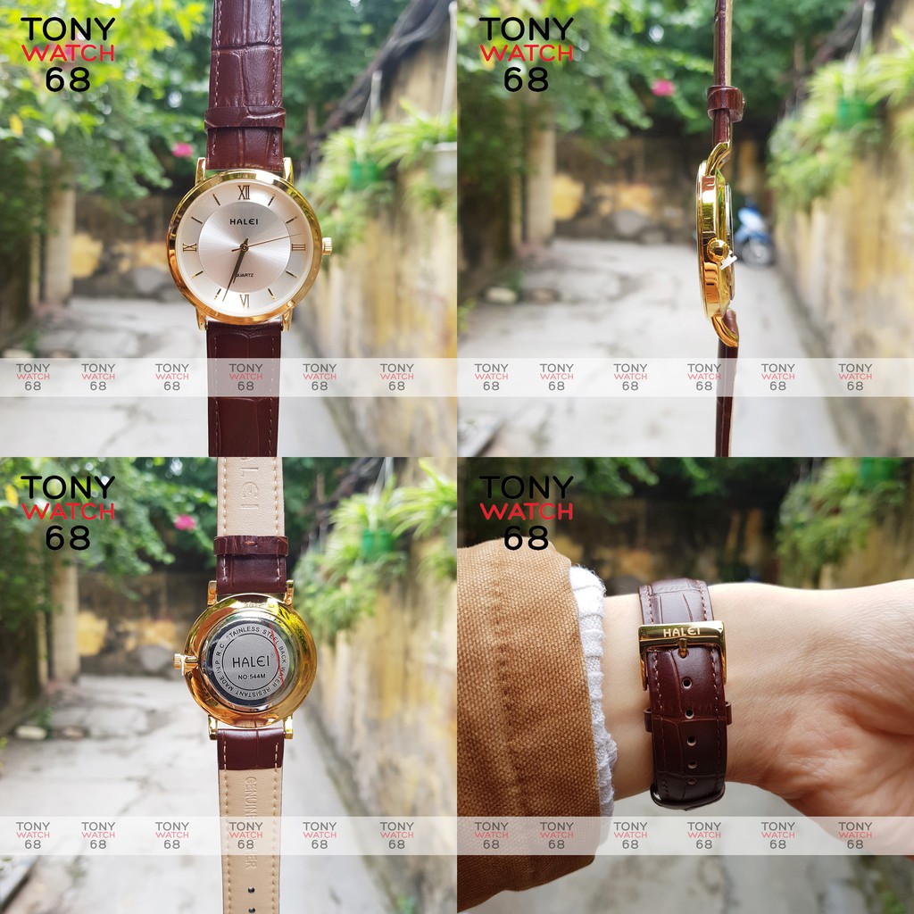 Đồng Hồ Nam Dây Da Nâu Mặt Trắng Viền Vàng Halei Chính Hãng Tony Watch 68