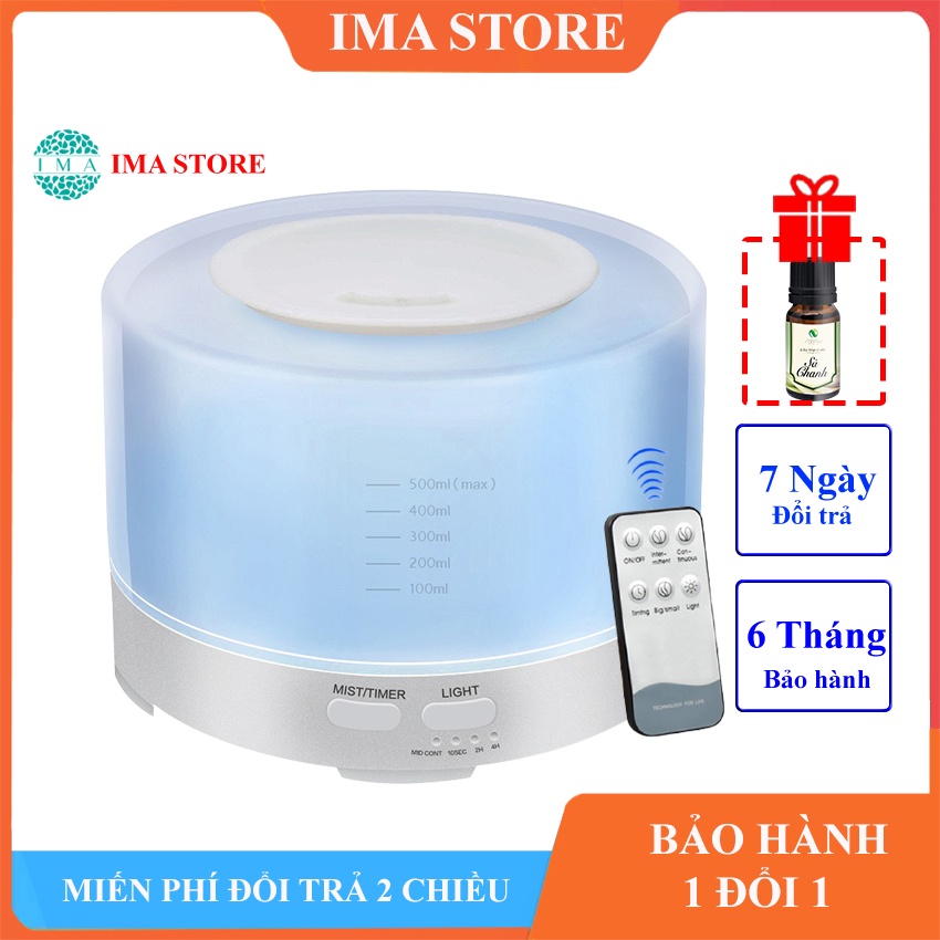 Đèn Xông Tinh Dầu Phun Sương Tạo Ẩm Hình Trụ 500ml Đèn Led 7 Màu Tặng 1 Tinh Dầu