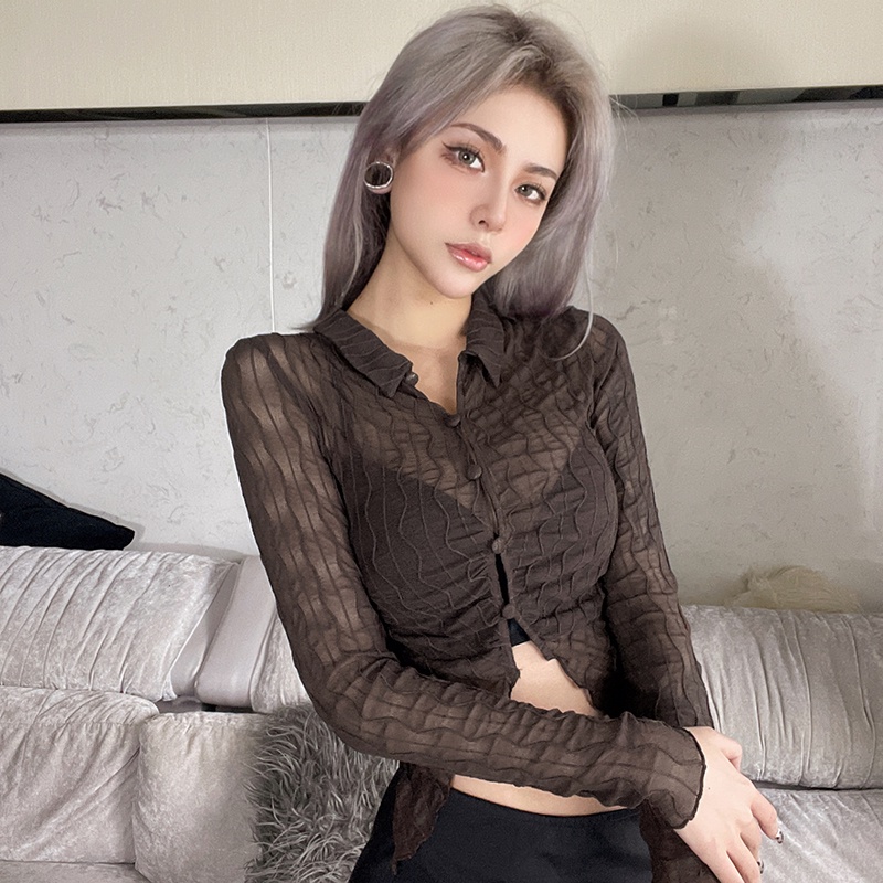 Kliou 2022 Mới vào mùa hè Áo kiểu KLIOU khoác vào tay dài dệt kim xuyên thấu phong cách Pháp cổ điển thời trang quyến rũ dành cho nữ