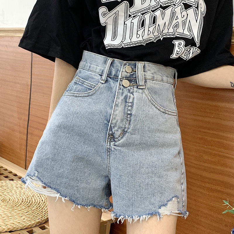 Quần Short Denim Lưng Cao Ống Rộng Thoáng Khí Cho Nữ
