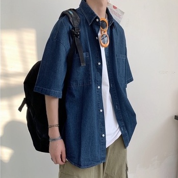 Áo sơ mi jean nam form rộng tay lỡ màu xanh đậm phong cách Hàn Quốc pon.mens