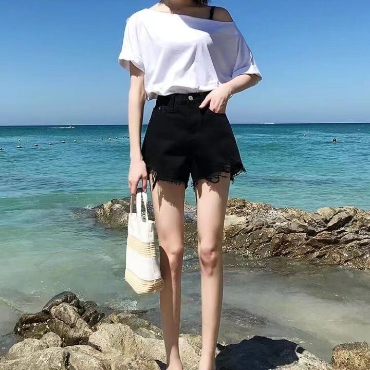 Quần Short Denim Lưng Cao Ống Rộng Phối Rách Thời Trang Đường Phố Mùa Hè Cho Nữ