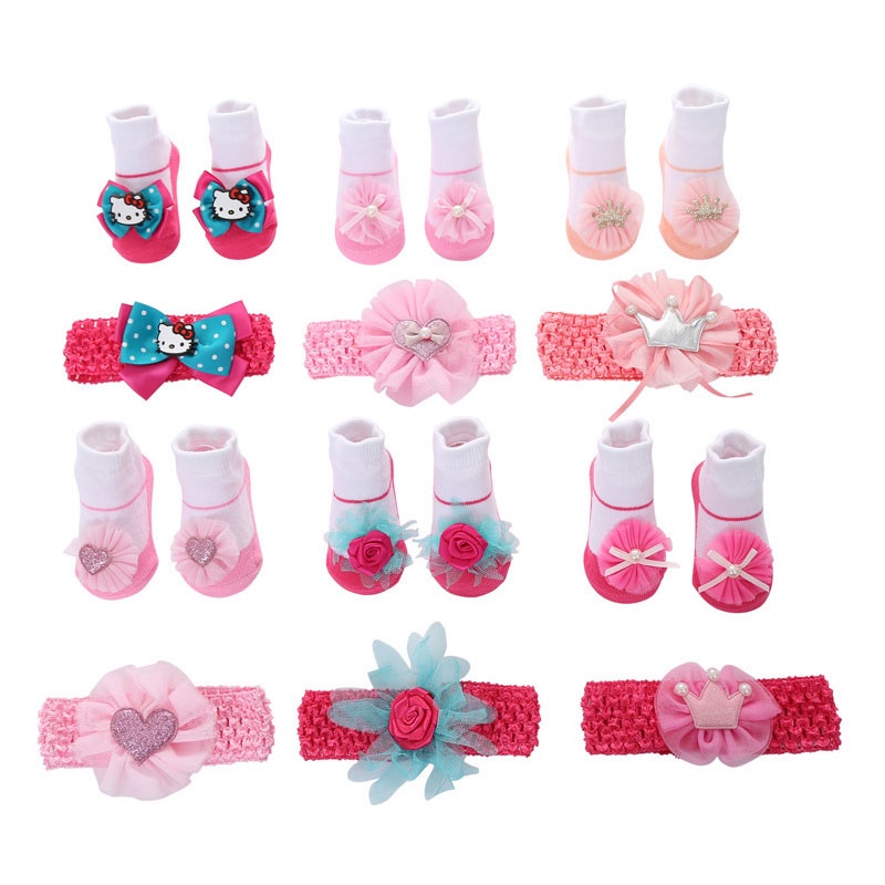 Set vớ cotton + băng đô đính hoa dễ thương để chụp ảnh cho bé sơ sinh